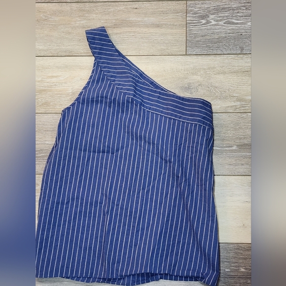 Parker One Shoulder Dark Blue Striped 100% Cotton Top - Picture 2 of 7